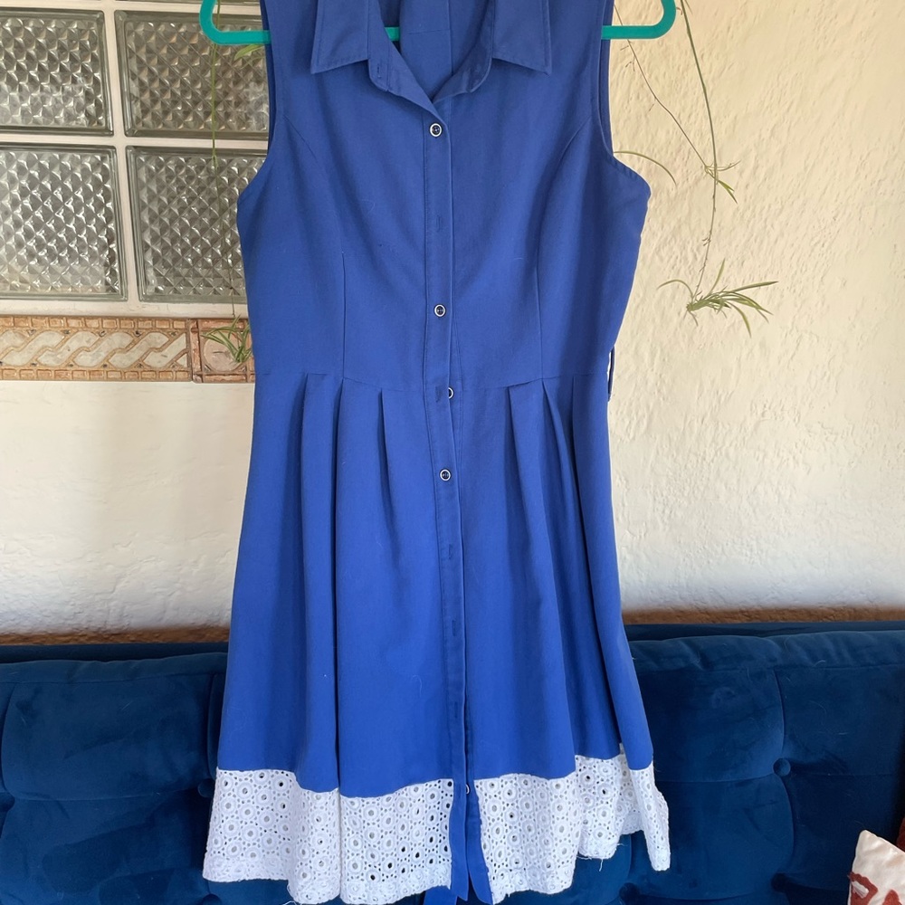 Sleeveless blue button down collared shirt dress